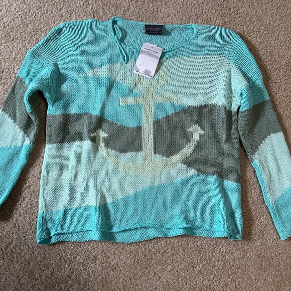 NWT Wooden Ships Dunescape Anchor Cotton Crewneck Sweater, Surf Jack Aqua, S/M - Picture 1 of 6